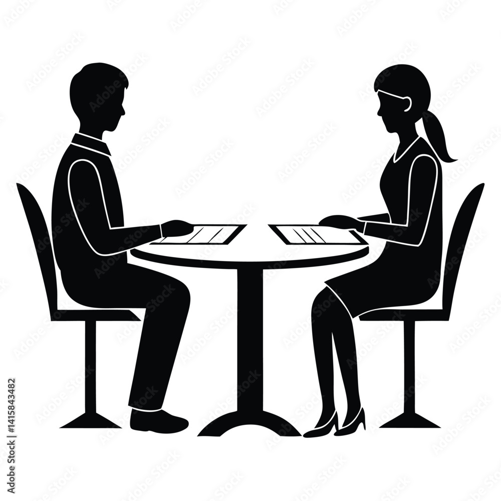 Black silhouette a man and a woman at a table Black silhouette a man and a woman at a table