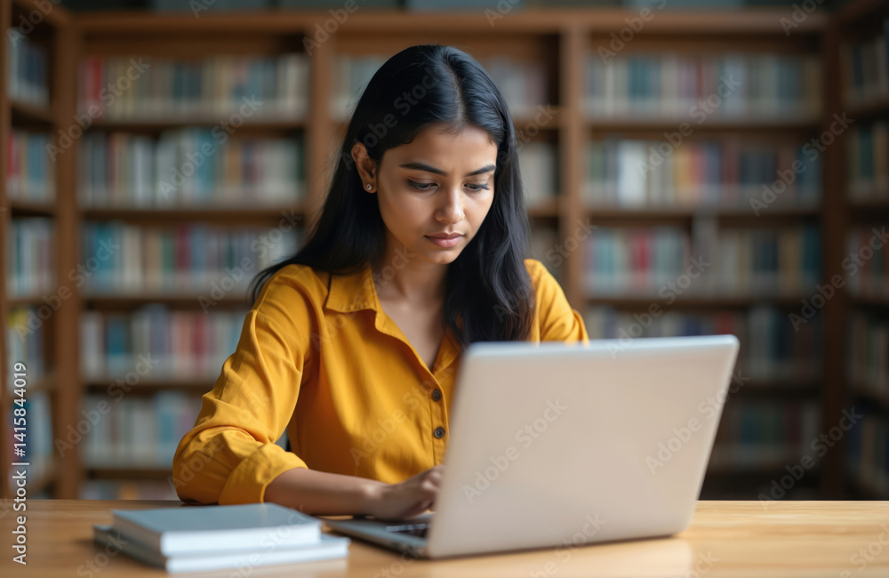 Indian college student girl works on laptop at library desk. Focused on online studies. Searching information for research. E-learning education app use. Digital nomad workspace. Indian college student girl works on laptop at library desk. Focused on online studies. Searching information for research. E-learning education app use. Digital nomad workspace.