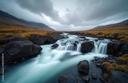 Scenic nature photo of a waterfall cascading into river. Icelandic landscape includes mountains, rocks, water stream. Peaceful view of fall season. Nature tourism, travel adventure.