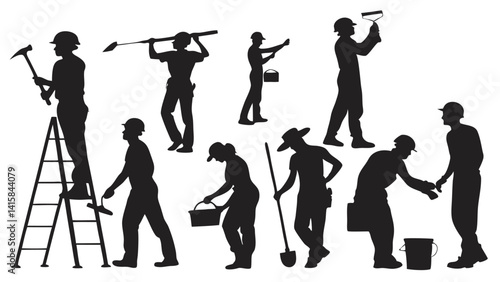 Black silhouette construction workers line drawing set