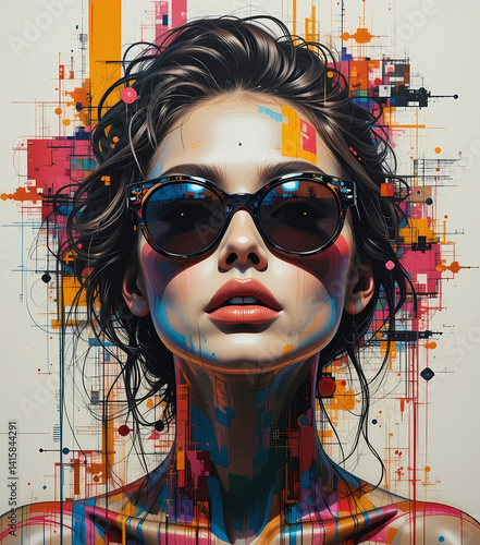 Neon Chic – Abstract Cyberpunk Woman in Oversized Sunglasses with Geometric Glitch Art