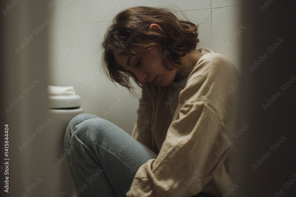 Fototapeta premium Young woman sits on floor, head bowed, wearing beige sweater and jeans, in a dimly lit bathroom, conveying sadness and solitude