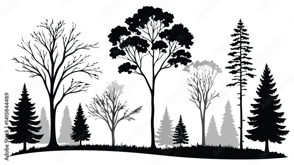 Fototapeta premium Black silhouette graphics trees line drawing