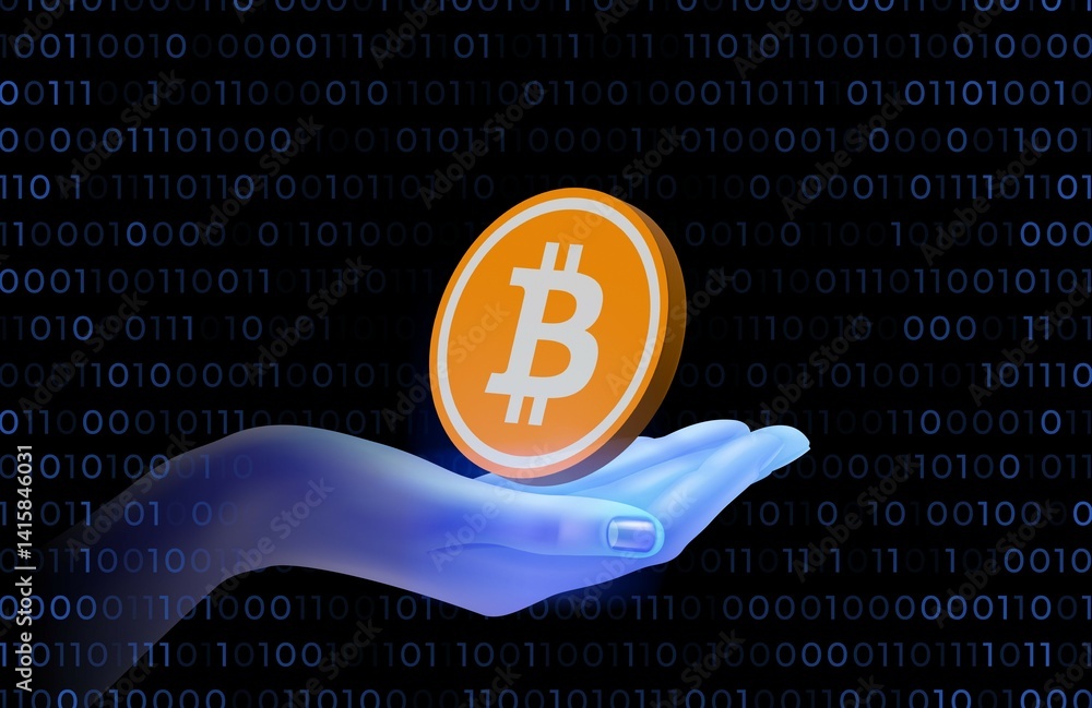 images of the bitcoin-btc logo on a digital background. 3d illustrations.