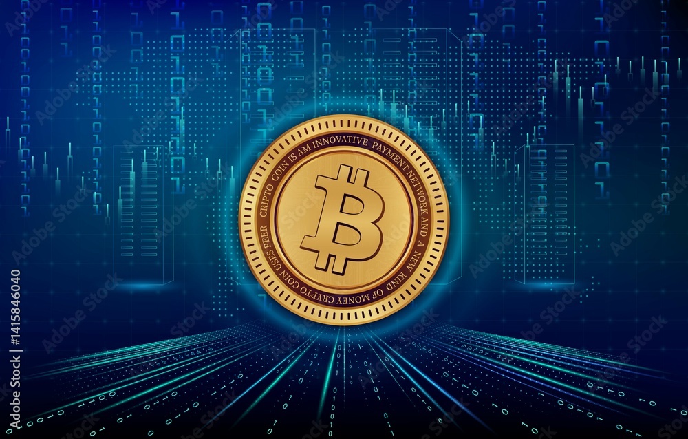 images of the bitcoin-btc logo on a digital background. 3d illustrations.
