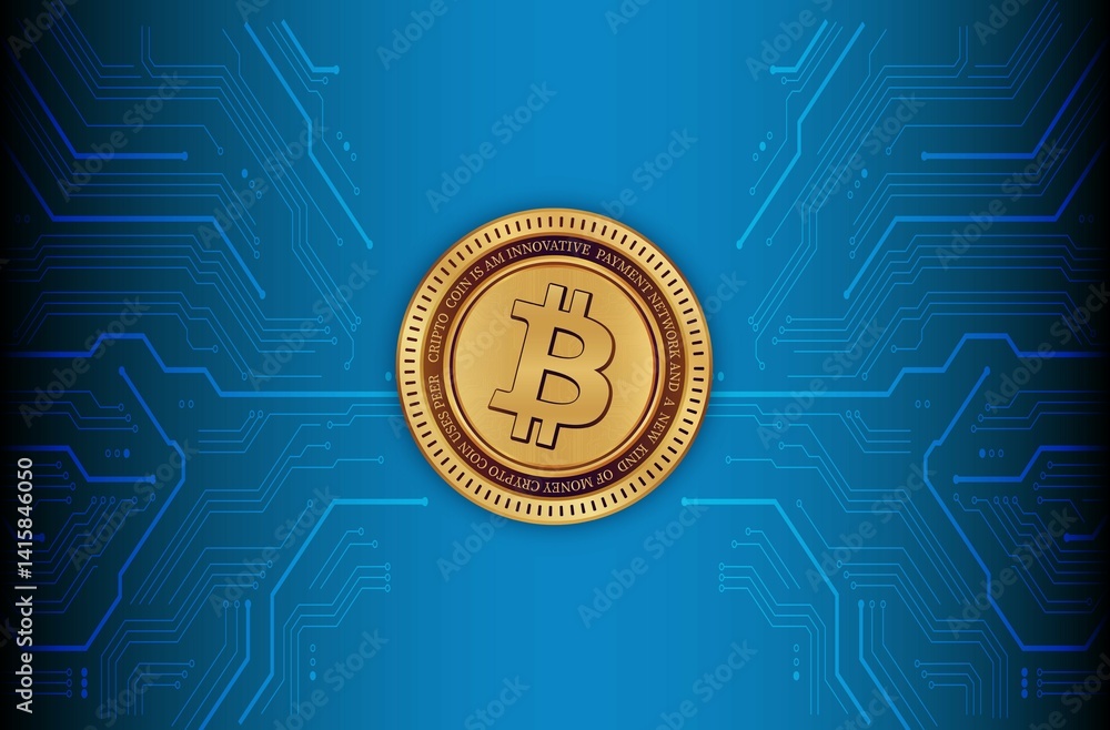 images of the bitcoin-btc logo on a digital background. 3d illustrations.
