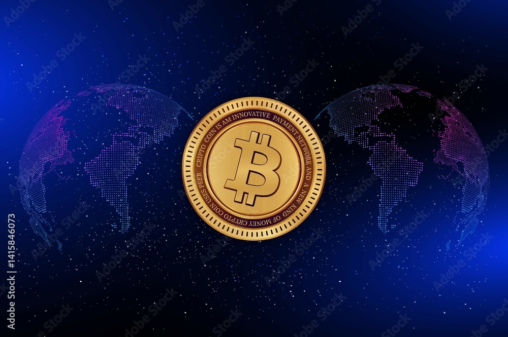 images of the bitcoin-btc logo on a digital background. 3d illustrations.