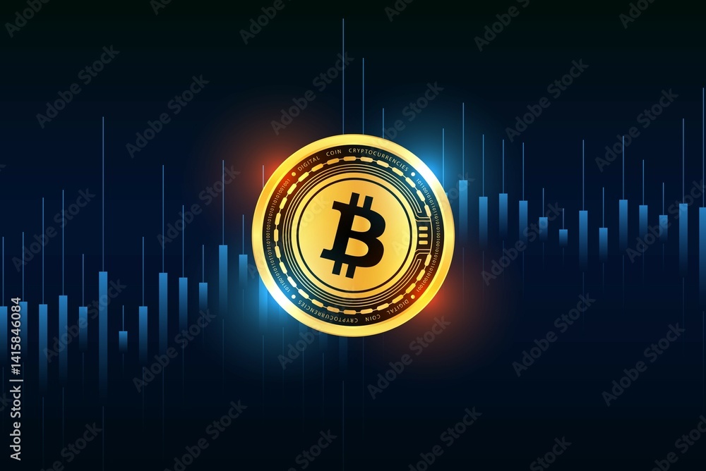 images of the bitcoin-btc logo on a digital background. 3d illustrations.