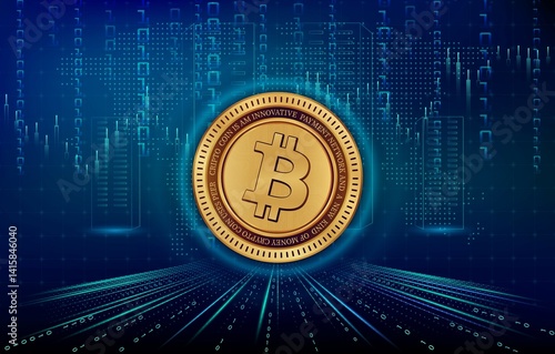Obraz na płótnie images of the bitcoin-btc logo on a digital background. 3d illustrations. w salonie