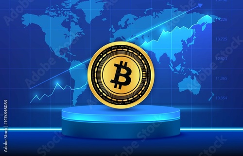 images of the bitcoin-btc logo on a digital background. 3d illustrations.