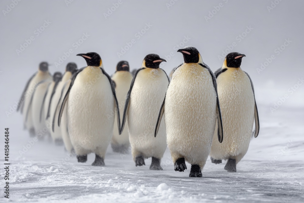 Obraz premium A captivating view of a line of Emperor Penguins trudging through the snowy plains, showcasing their resilience against the icy Antarctic conditions in a natural habitat.