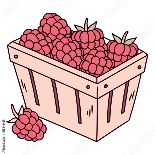 Basket of Ripe Raspberries Illustration: Fresh Fruit, Healthy Food, Summer Treat.