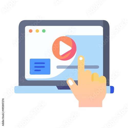 Laptop with video play button and finger tap