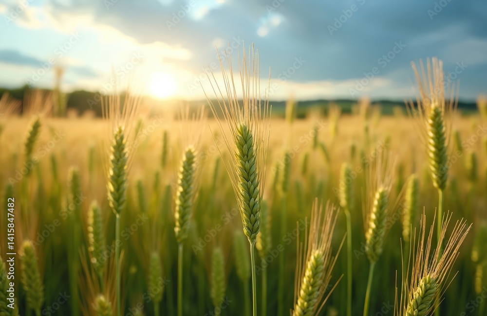 Golden wheat field at sunset. Wheat ears close-up. Agriculture concept. Wheat farm in summer. Grain crops, food supply, harvest season, eco farming, food production. Golden wheat field at sunset. Wheat ears close-up. Agriculture concept. Wheat farm in summer. Grain crops, food supply, harvest season, eco farming, food production.