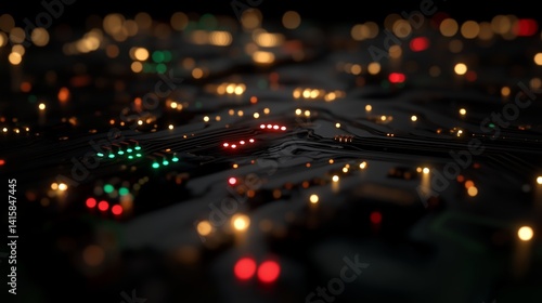 Futuristic circuit board with glowing red and green lights