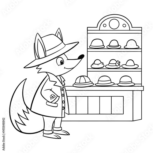 Cartoon Fox Browsing Hats at a Market Stall in Black and White
