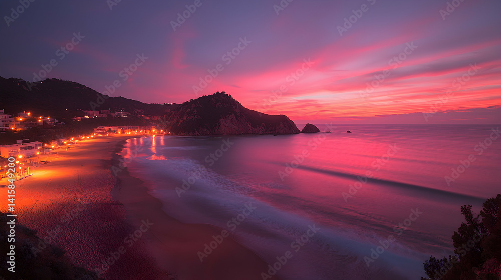 Fototapeta premium Serene coastal sunset pink and purple sky over calm ocean and rocky coastline