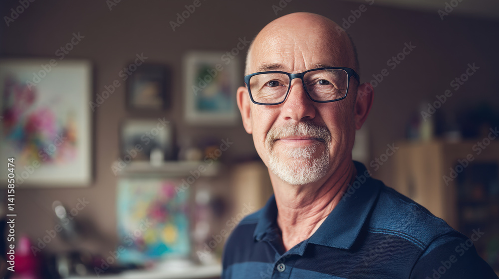 Portrait of a cheerful middle-aged man with glasses, wearing a polo shirt, standing in his home office, looking warmly into the camera Portrait of a cheerful middle-aged man with glasses, wearing a polo shirt, standing in his home office, looking warmly into the camera