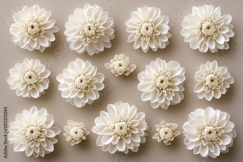 A collection of delicate white chrysanthemum flower heads