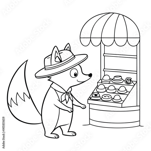 Cartoon Fox Browsing Hats at a Market Stall in Black and White