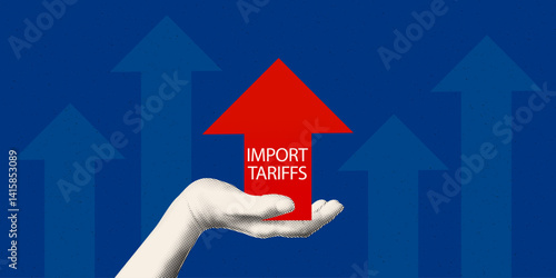 Import tariffs increasing concept art collage banner. US trade war policy. Halftone hand holding rising tax arrow Modern retro vector illustration