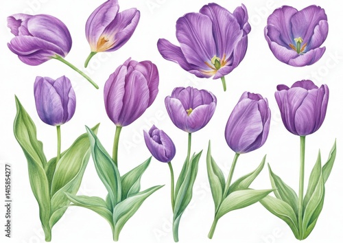 Wallpaper Mural Watercolor illustrations feature a set of purple tulips against an isolated white background Torontodigital.ca
