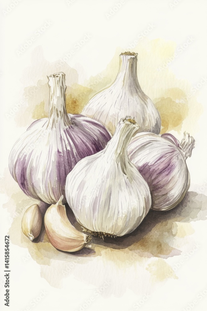 Obraz premium Watercolor Garlic Bulbs and Cloves Still Life Food Ingredient Fresh Produce