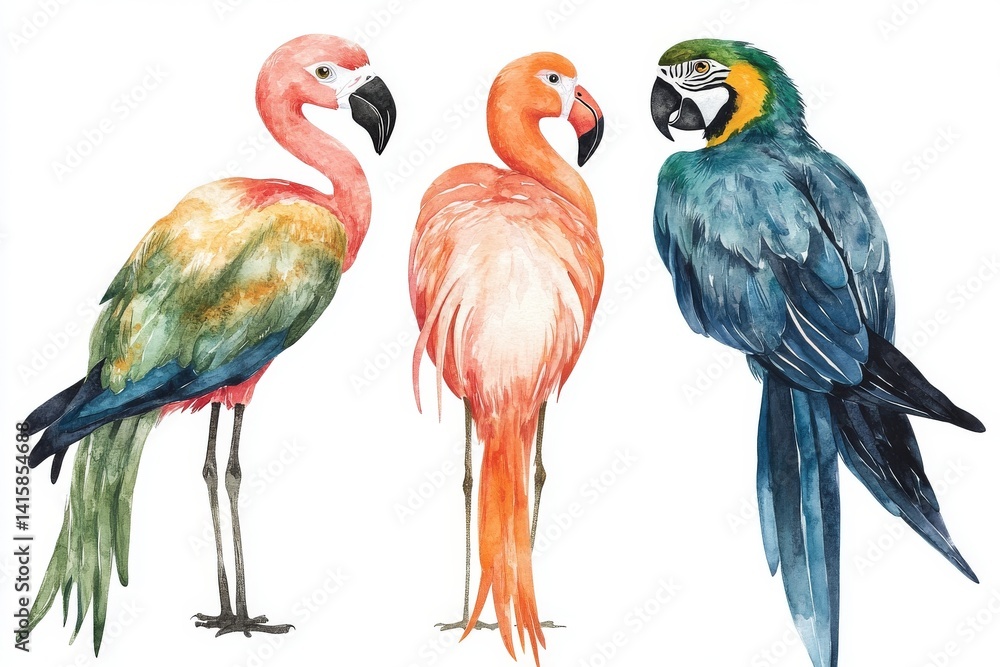 Obraz premium The set of tropical birds, comprising parrots, cockatoo, flamingo, and toucan, is showcased in a watercolor illustration on a white background