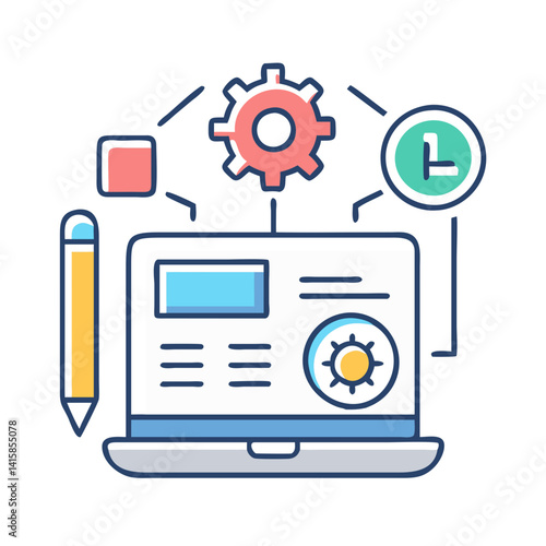 Website Development Process on Laptop, with Gear and Time