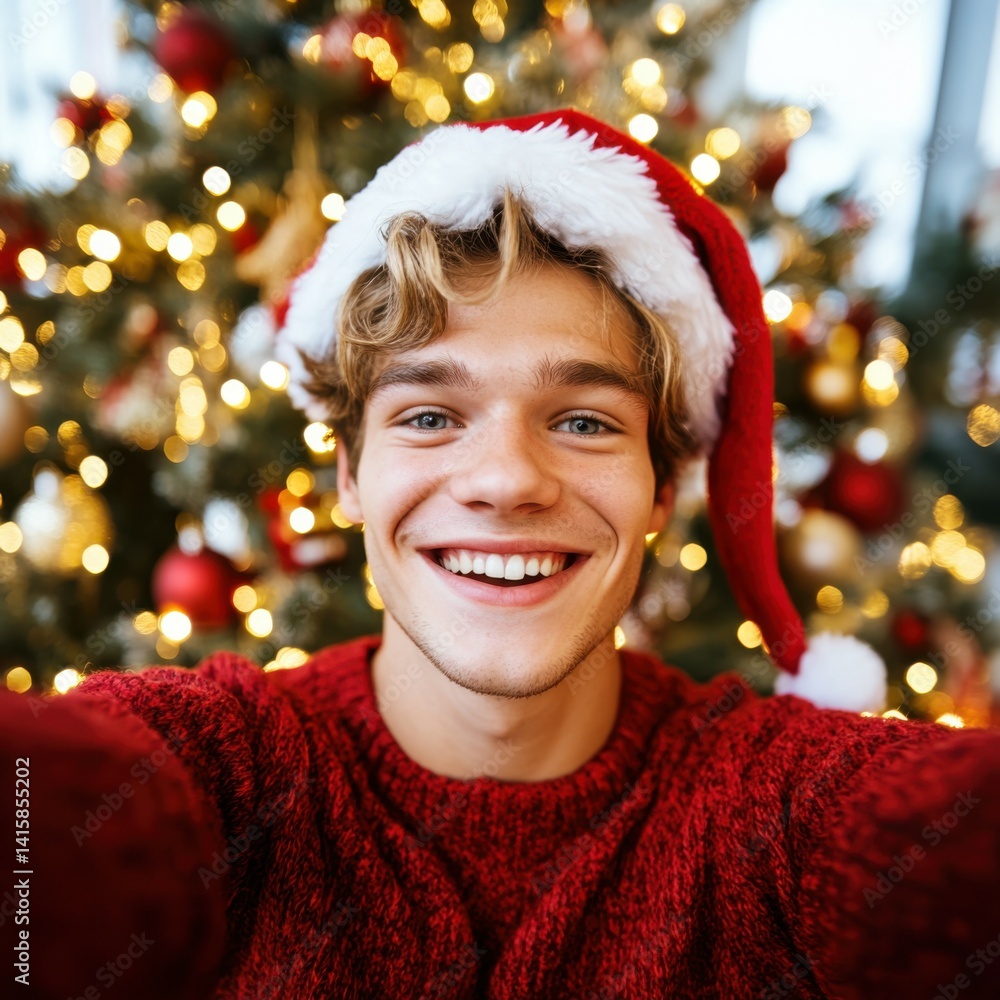 Smiling young man in a red sweater and Santa hat takes a selfie in front of a beautifully decorated Christmas tree filled with lights and ornaments during the festive season Smiling young man in a red sweater and Santa hat takes a selfie in front of a beautifully decorated Christmas tree filled with lights and ornaments during the festive season