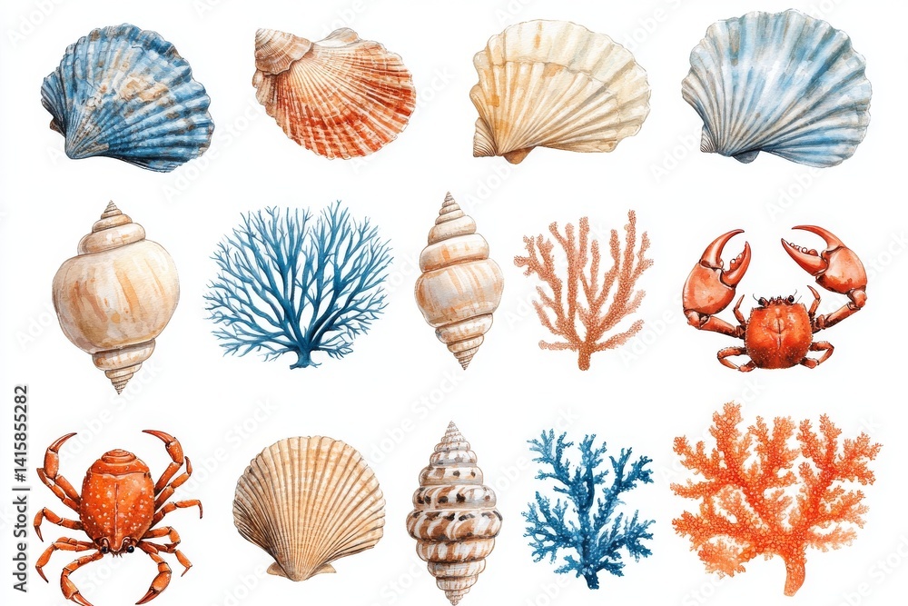 A set of ocean treasures including shells, a crab, and starfish are depicted in watercolor on a white isolated background A set of ocean treasures including shells, a crab, and starfish are depicted in watercolor on a white isolated background