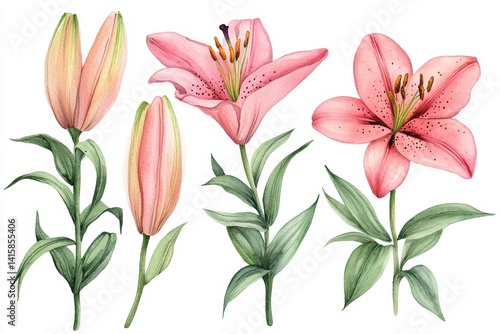 A watercolor illustration of lilies, characterized by their pink color, is presented on a white background that is completely isolated