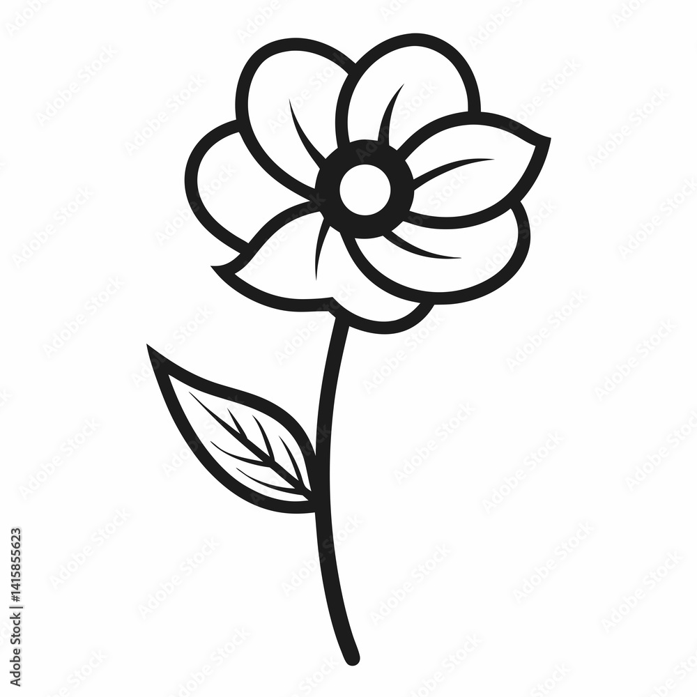 Fototapeta premium Anemone flower with leaf line art isolated on white background
