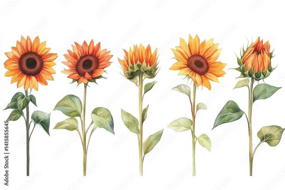 Naklejka premium The botanical painting features a floral design and a set of watercolor sunflower flowers