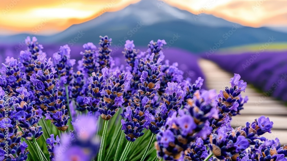 Obraz premium Sunset lavender field mountain background calm nature image