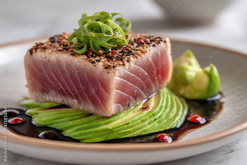 A close-up of seared tuna steak with sesame seeds, avocado, and greens on a plate, presented in a modern culinary style with balsamic glaze details. A close-up of seared tuna steak with sesame seeds, avocado, and greens on a plate, presented in a modern culinary style with balsamic glaze details.