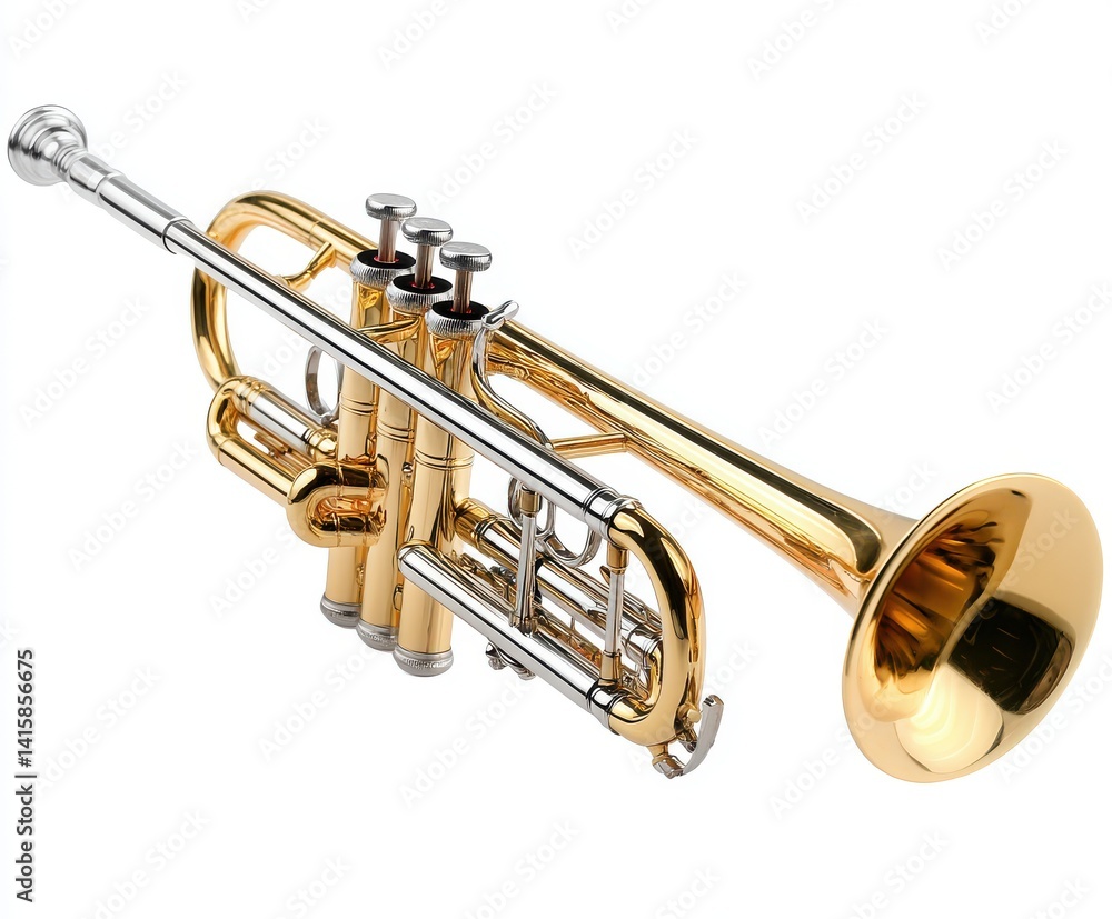 Obraz premium Shiny brass trumpet with silver accents isolated on white background