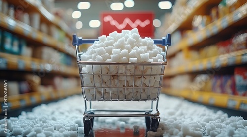 Overloaded Shopping Cart with Sugar Cubes in Supermarket Aisle Depicting Unhealthy Eating Habits, Excess, and Diabetes Risk