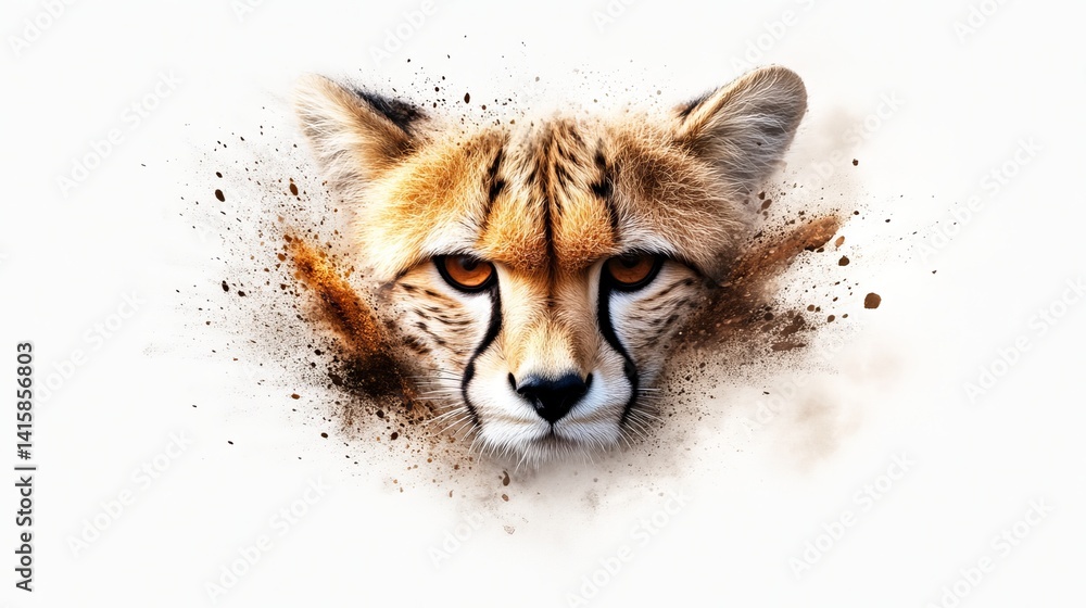 Obraz premium Cheetah's face is presented with dissolving edges against a stark white background, creating a striking visual effect.