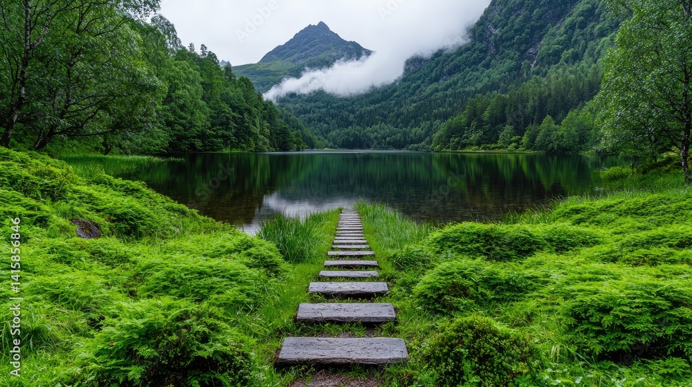 Fototapeta premium Tranquil lake valley stairway serene nature landscape photography