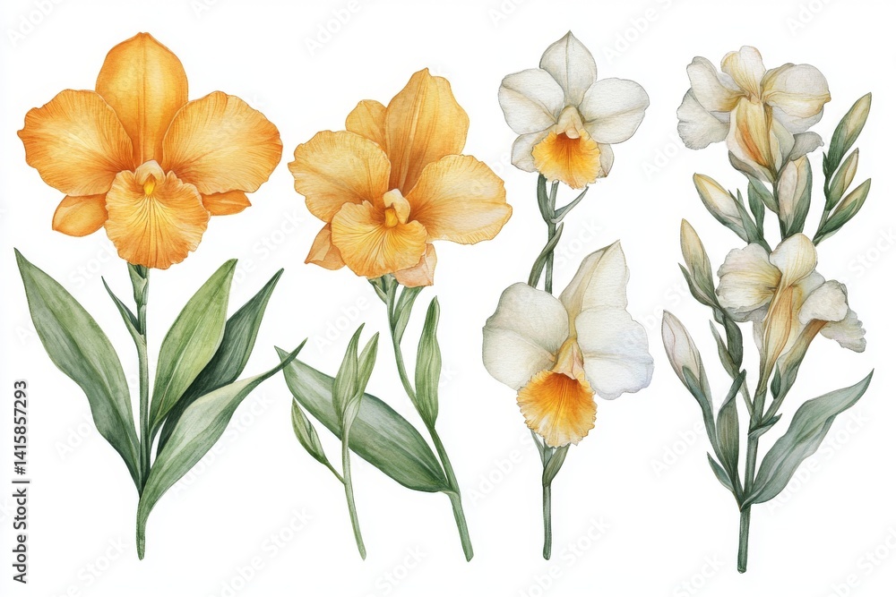 Fototapeta premium A floral set of yellow flowers, including freesia and orchid, is depicted in a botanical painting with a watercolor style, isolated on a white background