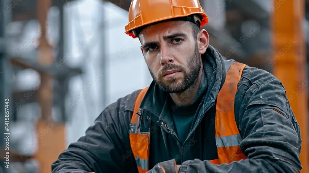 Construction worker in safety gear, focused on task at a busy construction site Construction worker in safety gear, focused on task at a busy construction site