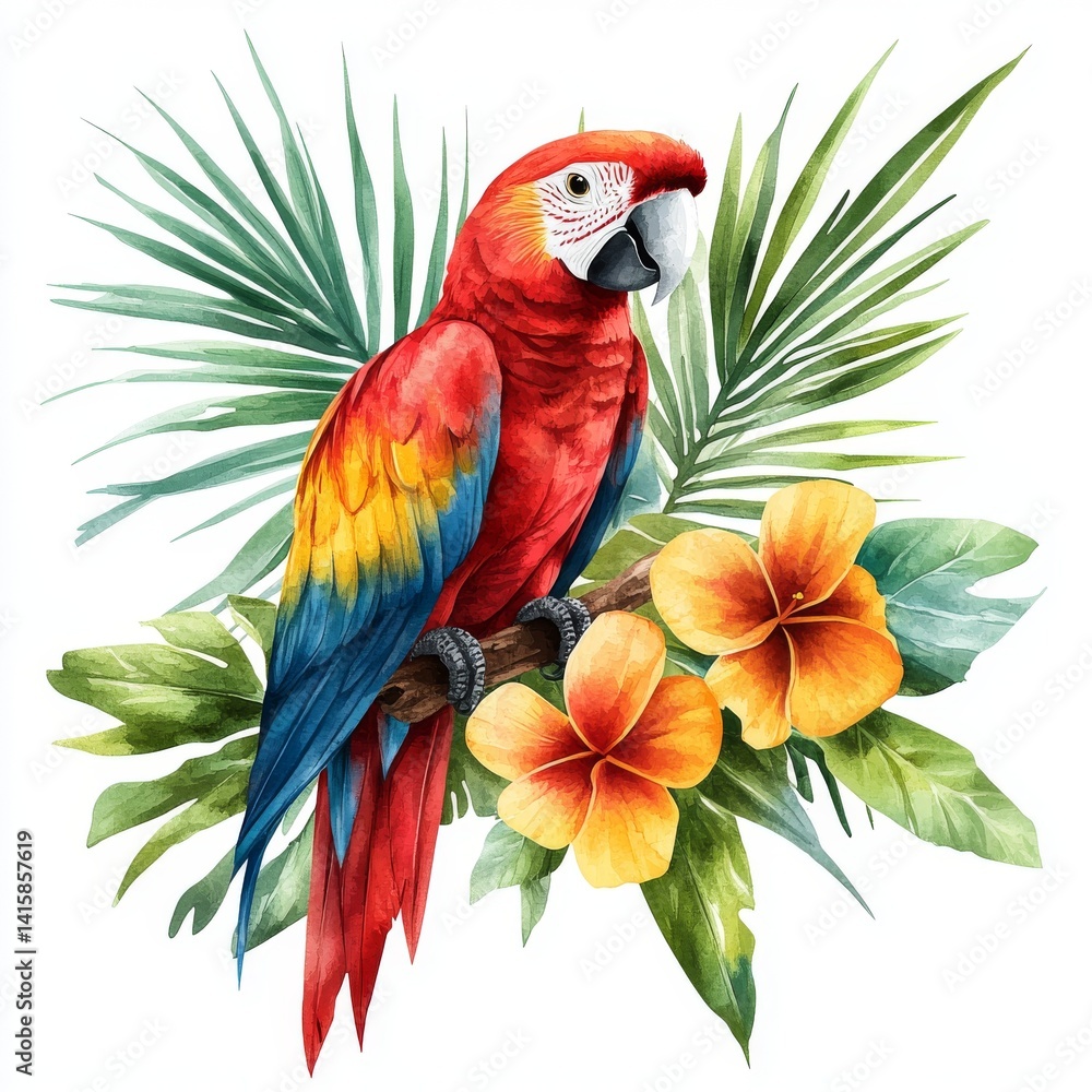 Fototapeta premium This watercolor illustration is a hand drawing of a beautiful tropical bird, namely a red macaw parrot, accompanied by flowers and a leaf, placed on a simple isolated background
