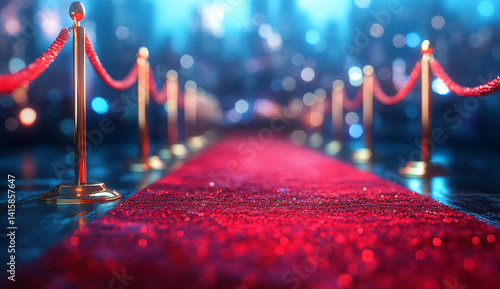 A shimmering red carpet, flanked by velvet ropes, leads to a city backdrop twinkling with lights.  A glamorous scene.