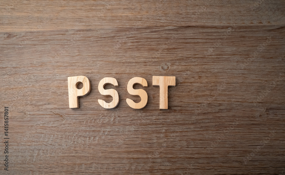 Fototapeta premium Fun, hey, psst expressions to get someone's attention written in wooden letters with a textured background