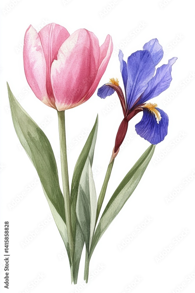 Naklejka premium Beautiful pink flowers, such as iris, tulip, and hyacinth, are depicted in a stunning watercolor botanical bouquet on a clean white background surrounded by green leaves