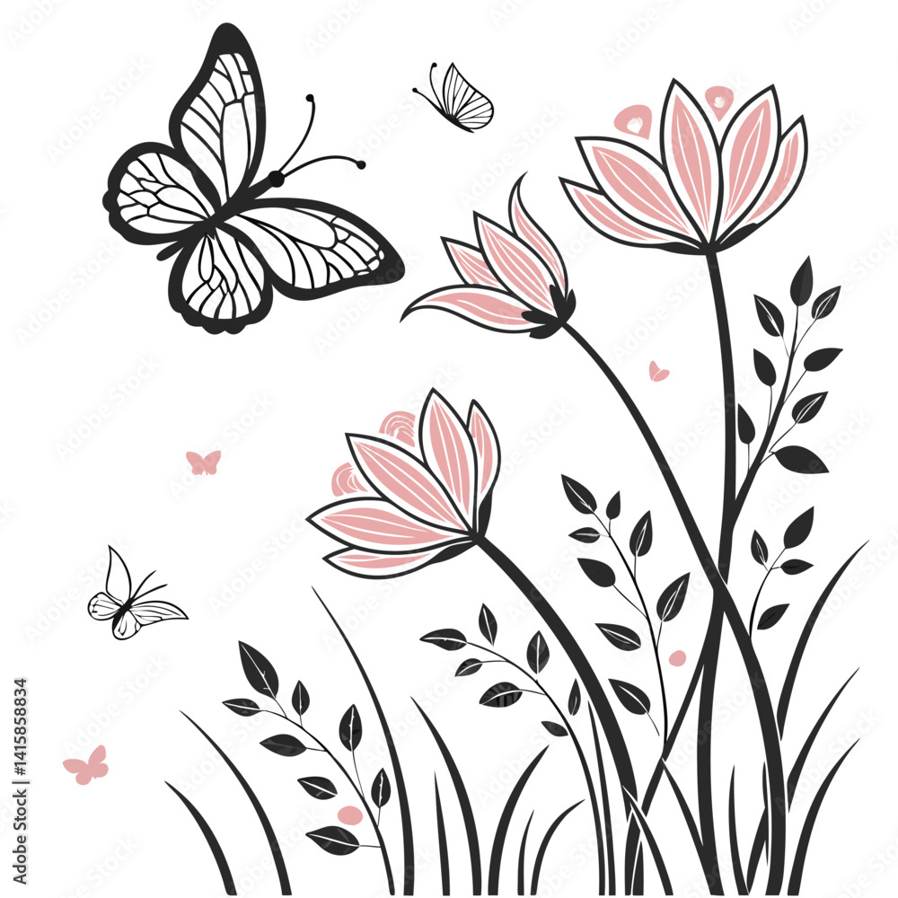 Fototapeta premium Elegant Floral Design with Butterflies and Delicate Pink Flowers