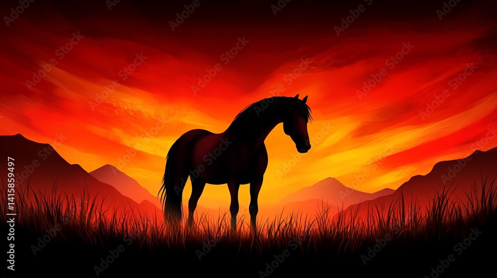 Dark Horse stands in tall grass against a fiery sunset with silhouetted mountains in the background. Dark Horse stands in tall grass against a fiery sunset with silhouetted mountains in the background.
