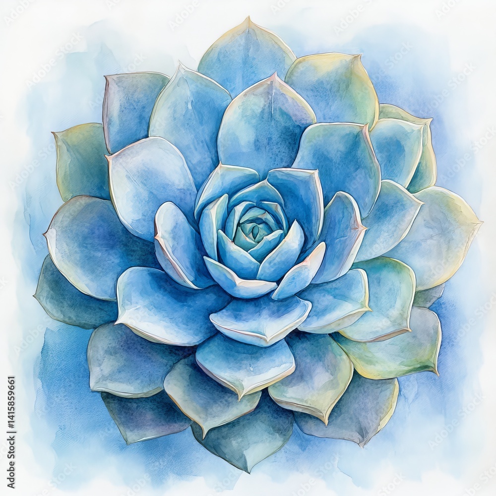 A succulent light blue flower is depicted in an echeveria watercolor botanical painting with floral hand draw illustrations set against an isolated background A succulent light blue flower is depicted in an echeveria watercolor botanical painting with floral hand draw illustrations set against an isolated background
