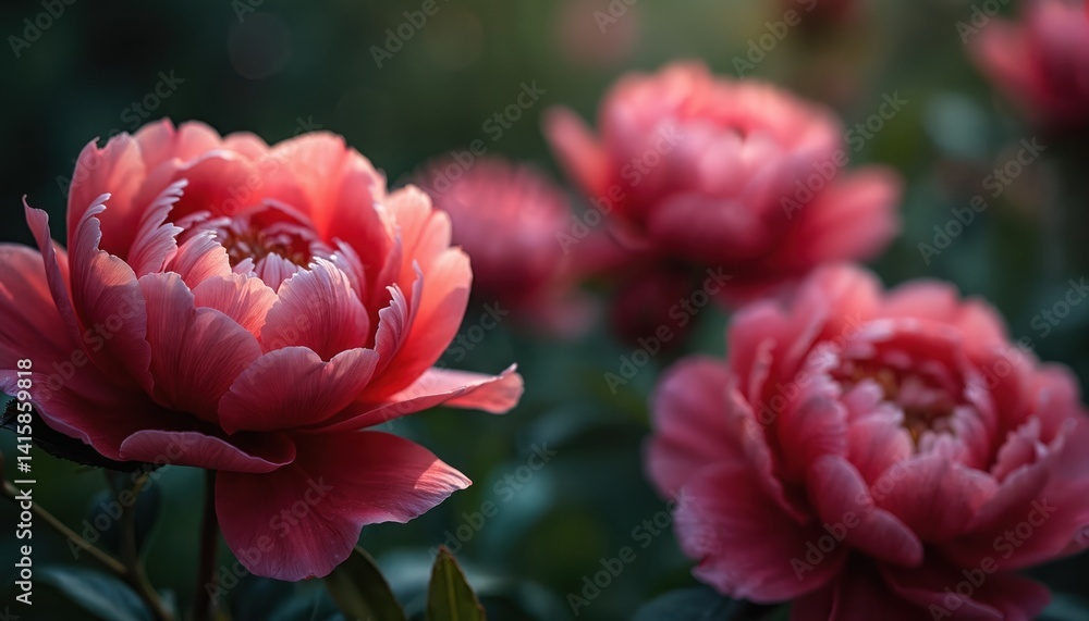 Fototapeta premium Close-up of beautiful red peony flower blossom. Romantic natural background with dark green foliage. Soft focus, petals details. Fresh, healthy, natural, floral wallpaper concept.